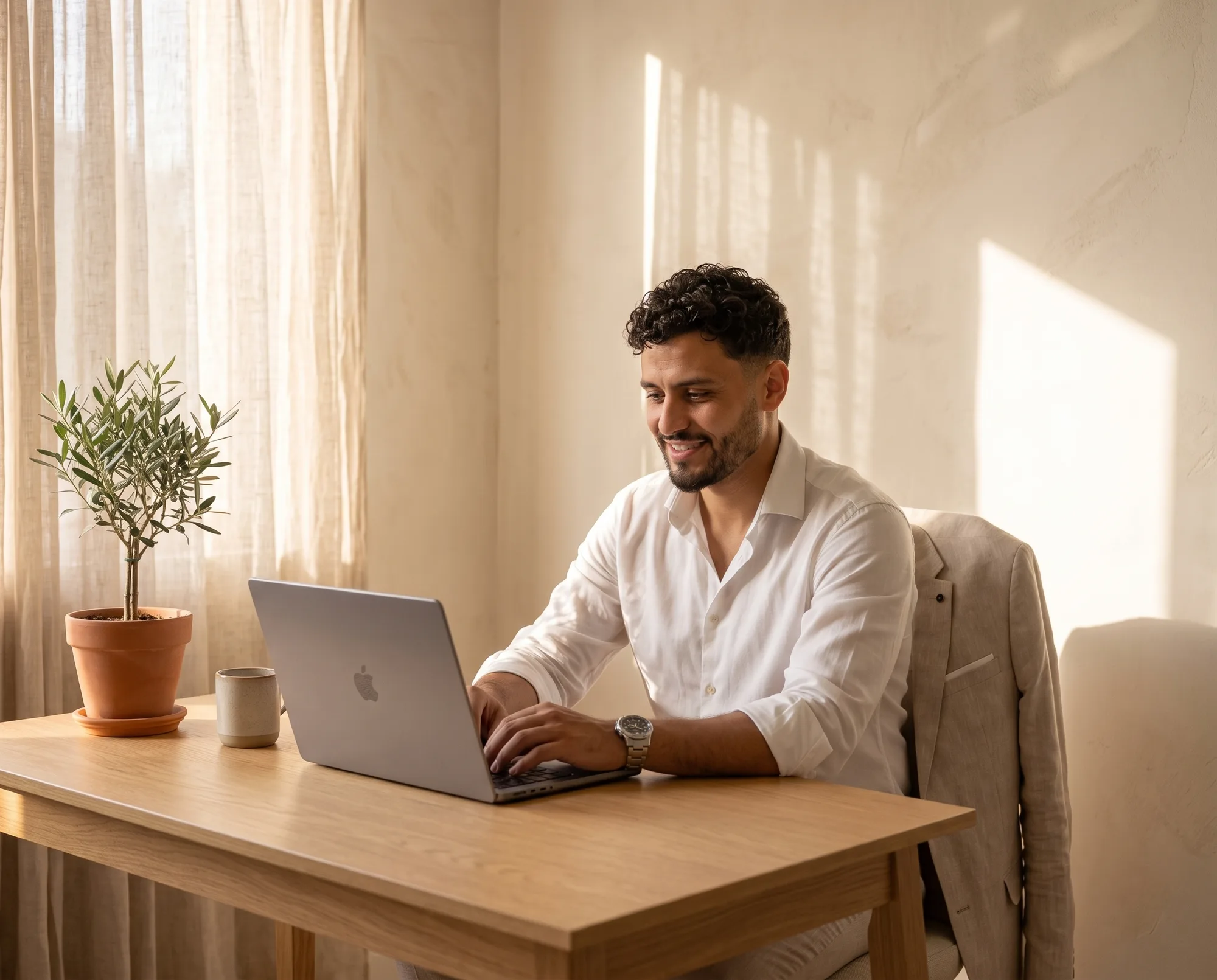 Amin Fahem, founder of Pomeloos Agency, working on his laptop at a sunlit oak desk