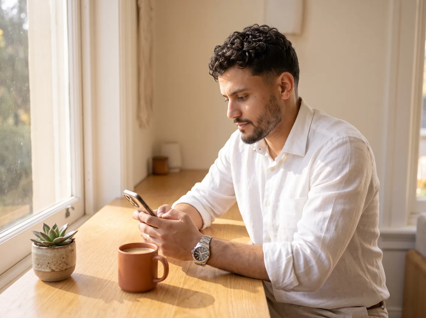 Amin Fahem checking his schedule on his phone at a sunlit oak table