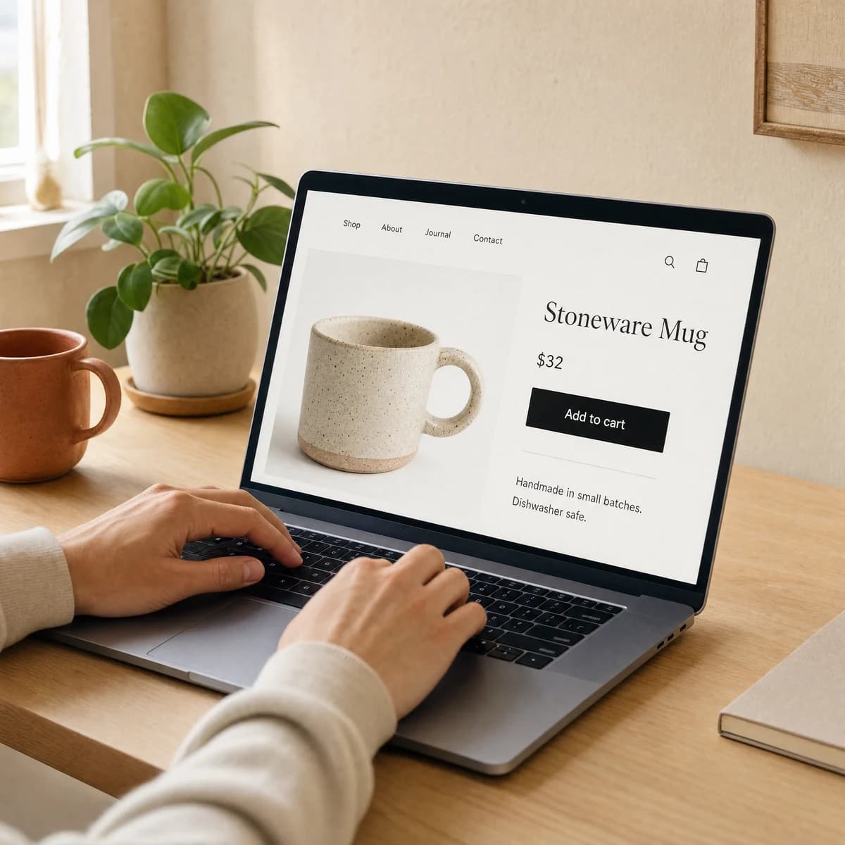 A developer working on an online store product page on a laptop