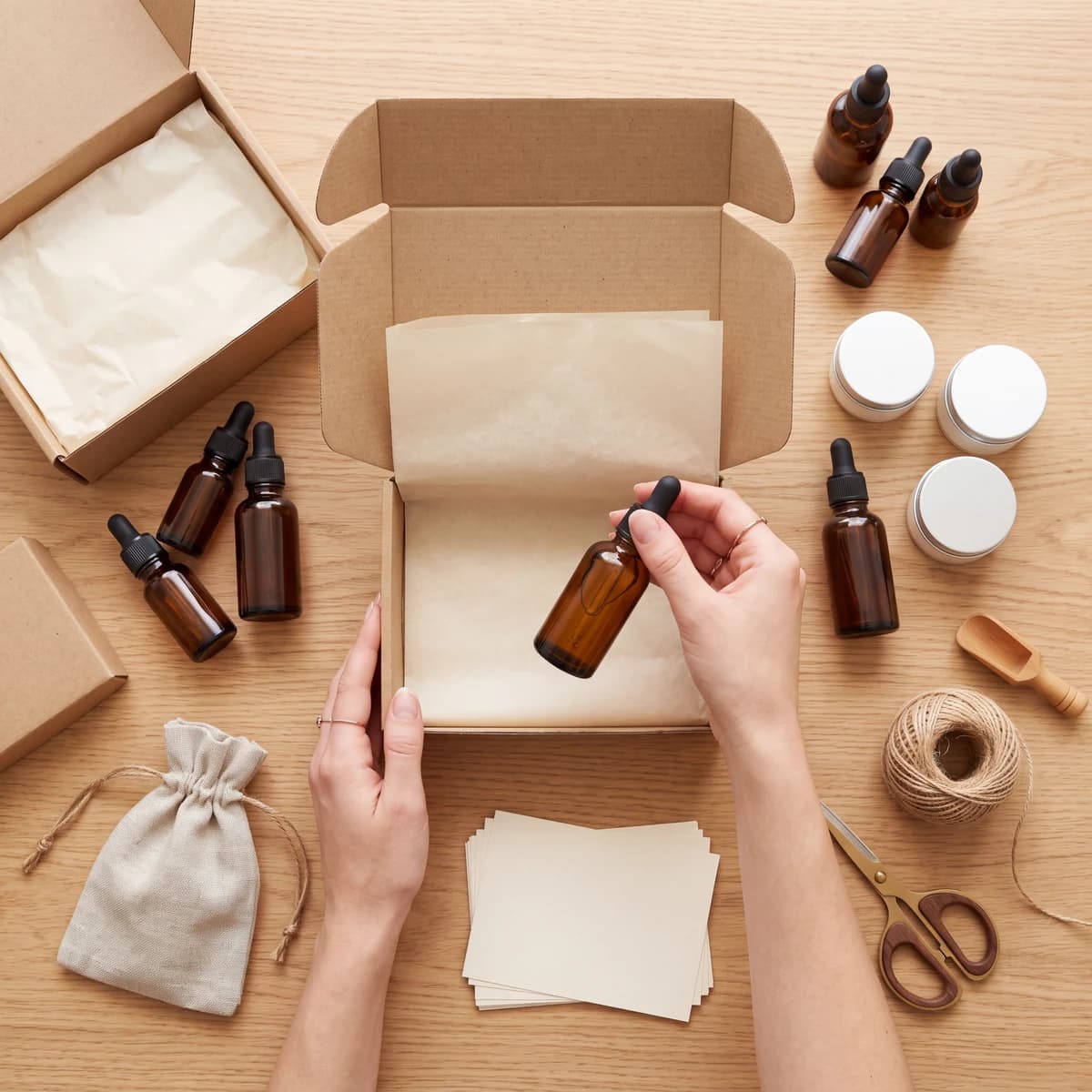 Influencer seeding boxes being packed with skincare products