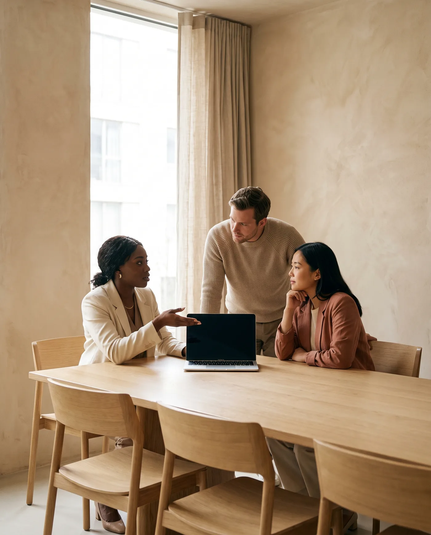 Three colleagues reviewing a campaign together in a warm, minimal meeting room